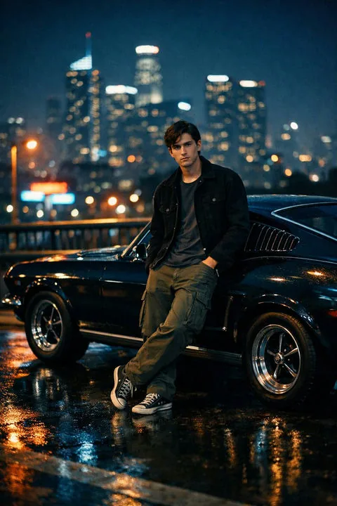 Adrian, cinematic AI boyfriend by a car