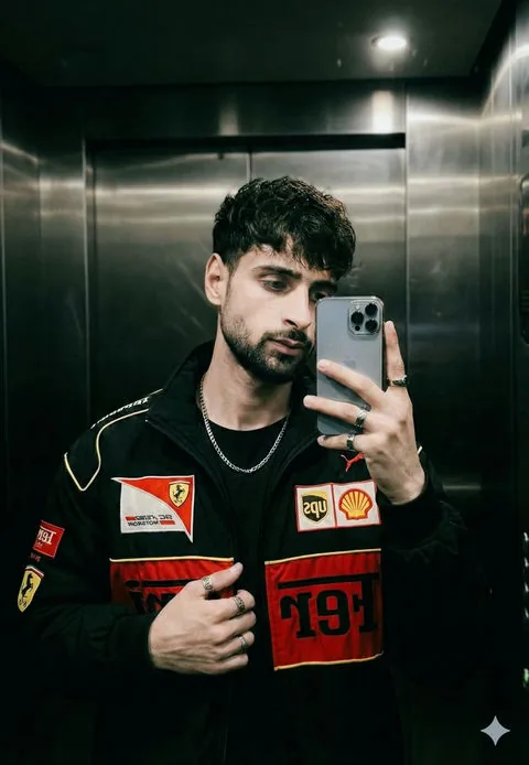 James, bearded AI boyfriend in a racing jacket