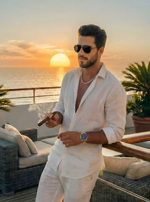 Leo, bearded AI boyfriend on a yacht