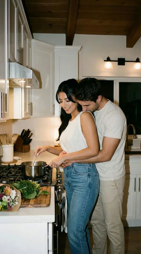 A couple cooking together, illustrating everyday companion conversation